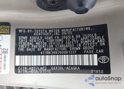 2006 Toyota Avalon Limited/Touring/Xl/Xls z USA, uszkodzony, nr VIN 4T1BK36B26U081237